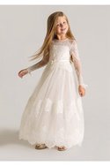 Robe de cortège enfant avec manche longue jusqu'au sol avec fleurs a-ligne en tulle