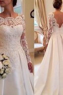 Robe de mariée naturel en satin avec manche longue de mode de bal encolure ronde