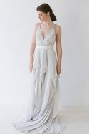 Robe de mariée simple avec ruban de col en v a-ligne ceinture