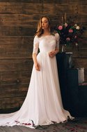 Robe de mariée simple impressioé de col bateau jusqu'au sol ruché