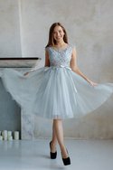 Robe fête de la rentrée naturel au niveau de genou en tulle avec manche courte a-ligne