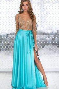 Robe de bal naturel decoration en fleur col en bateau ligne a avec manche courte