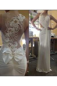 Robe de mariée naturel de traîne courte manche nulle avec perles avec chiffon