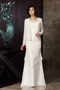 Robe mère de mariée longue encolure ronde en chiffon longueur au ras du sol avec perle