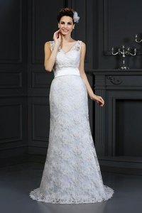 Robe de mariée longue fermeutre eclair manche nulle de traîne mi-longue de col en cœur