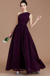 Robe demoiselle d'honneur naturel d'épaule asymétrique en chiffon manche nulle ruché