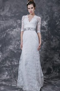 Robe de mariée distinguee collant de col entaillé v encolure avec décoration dentelle