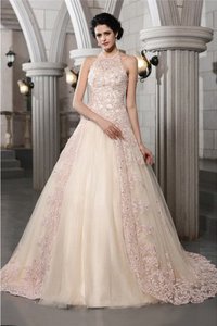 Robe de mariée longue de col haut a-ligne de tour de ceinture empire avec lacets