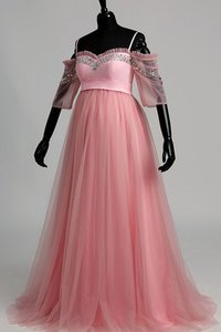 Robe de bal de traîne courte avec manche 1/2 de lotus ligne a avec perle