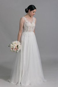 Robe de mariée ligne a jusqu'au sol encolure ronde trou serre avec décoration dentelle