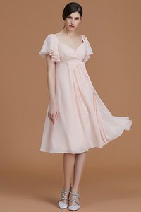 Robe demoiselle d'honneur naturel au niveau de genou en chiffon avec manche courte ruché