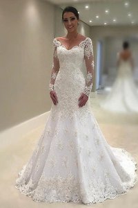 Robe de mariée de sirène avec manche longue de traîne moyenne absorbant de col en v