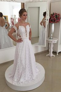 Robe de mariée naturel de princesse encolure ronde avec décoration dentelle a-ligne