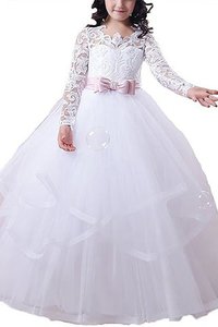 Robe de cortège enfant naturel avec manche longue avec fleurs en tulle jusqu'au sol