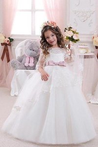 Robe de cortège enfant naturel avec fleurs textile en tulle manche nulle avec manche 1/2