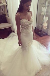 Robe de mariée naturel manche nulle de traîne mi-longue bretelles spaghetti de sirène