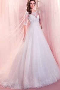 Robe de mariée longue naturel en 1/2 manche a-ligne en organza