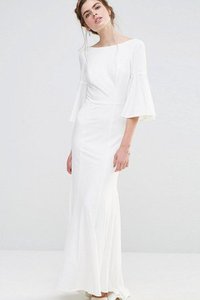 Robe demoiselle d'honneur gonflé de col bateau jusqu'au sol en forme v col profonde
