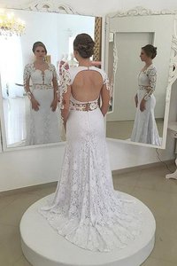 Robe de mariée naturel gaine col u profond avec décoration dentelle avec manche longue