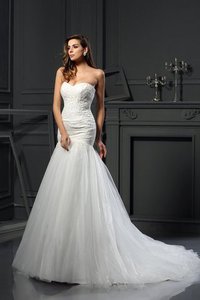 Robe de mariée longue decoration en fleur de sirène avec sans manches de col en cœur