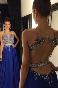 Robe de soirée de princesse avec sans manches appliques v encolure jusqu'au sol