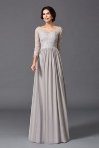 Robe mère de mariée naturel de princesse de col en v fermeutre eclair avec manche 3/4