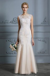 Robe de mariée grosses soldes jusqu'au sol encolure ronde appliques de sirène