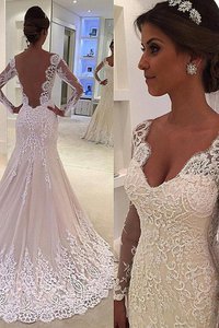 Robe de mariée charme de traîne moyenne de sirène avec manche longue naturel