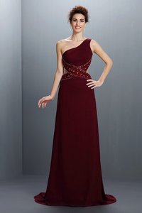 Robe de bal naturel manche nulle d'épaule asymétrique en chiffon avec perle