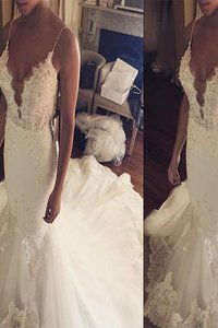 Robe de mariée naturel manche nulle de traîne moyenne de sirène en tulle