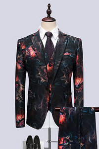 3 pièces boutique asiatique taille slim hommes imprimé costume décontracté