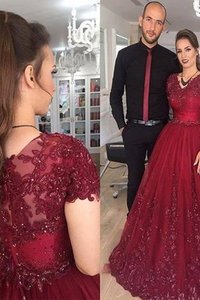 Robe de soirée a-ligne fantastique v encolure en tulle appliques