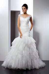 Robe de mariée en tulle decoration en fleur de sirène de traîne longue manche nulle