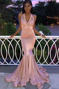 Robe de soirée haute qualité de sirène en satin appliques naturel