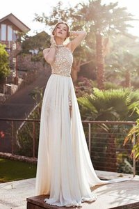 Robe de mariée naturel manche nulle avec chiffon a-ligne dénudé