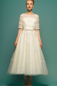 Robe de mariée modeste décontracté avec perle col en bateau col u profond