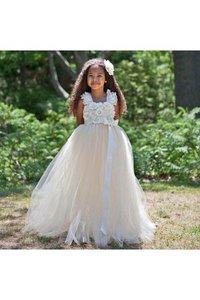 Robe de cortège enfant plissé avec nœud textile en tulle avec sans manches avec fleurs