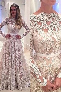 Robe de mariée naturel ligne a de traîne moyenne avec décoration dentelle de princesse