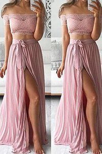 Robe de soirée ligne a en chiffon avec décoration dentelle 2 pice avec sans manches