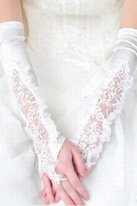 Énergique satin avec application blanc chic | gants de mariée modernes