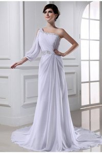 Robe de mariée avec perle a-ligne avec lacets d'épaule asymétrique de traîne moyenne