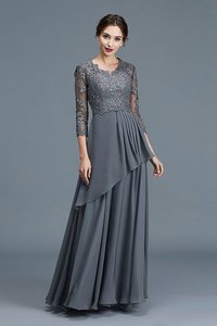 Robe mère de mariée naturel en chiffon de lotus de col en v avec manche 3/4