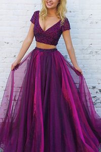 Robe de soirée en tulle de princesse avec manche courte avec perle a-ligne