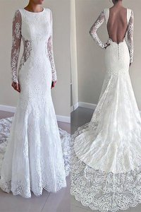 Robe de mariée naturel de traîne moyenne de sirène avec manche longue col u profond