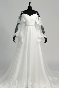 Robe de mariée romantique avec manche longue a-ligne bretelles spaghetti a plage