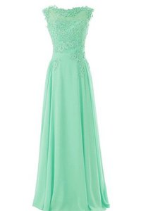 Robe demoiselle d'honneur de col bateau avec manche courte jusqu'au sol appliques ligne a