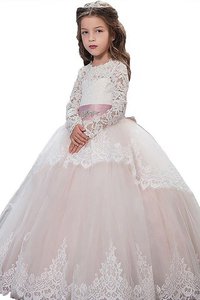 Robe de cortège enfant naturel avec fleurs en tulle jusqu'au sol avec manche longue