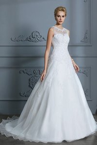 Robe de mariée de mode de bal manche nulle decoration en fleur encolure ronde gracieux