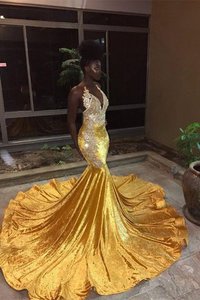 Robe de soirée rêveur avec sans manches de sirène avec décoration dentelle v encolure