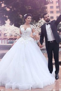 Robe de mariée naturel en tulle col en forme de cœur de mode de bal avec manche longue